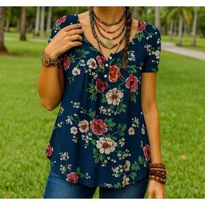 Lg Floral Lightweight Shirt Colorful Floral Tunic Blouse Short Sleeve Henley Top